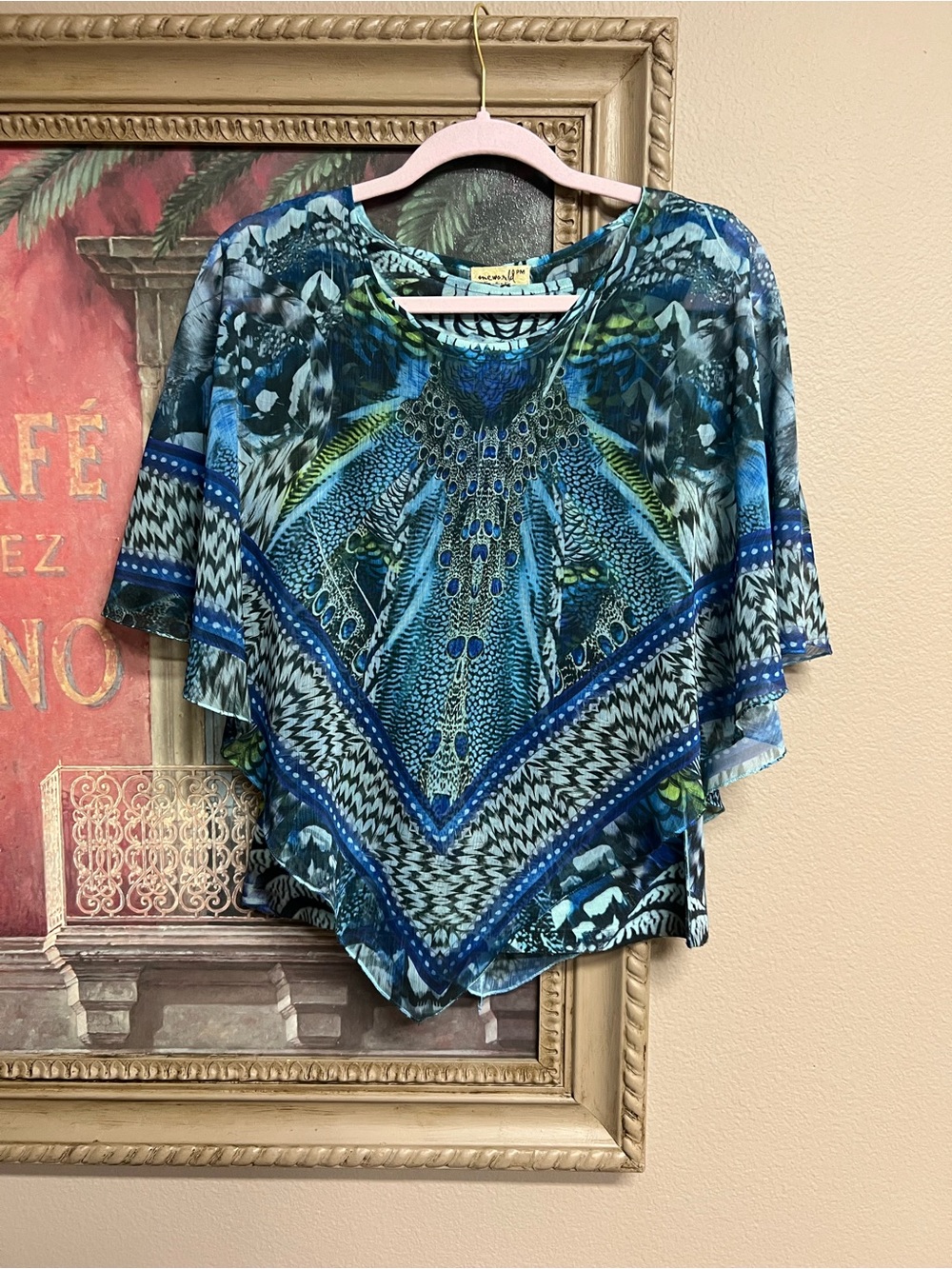 ONE WORLD Blue & Green Printed Scarf Over A Printed Tank